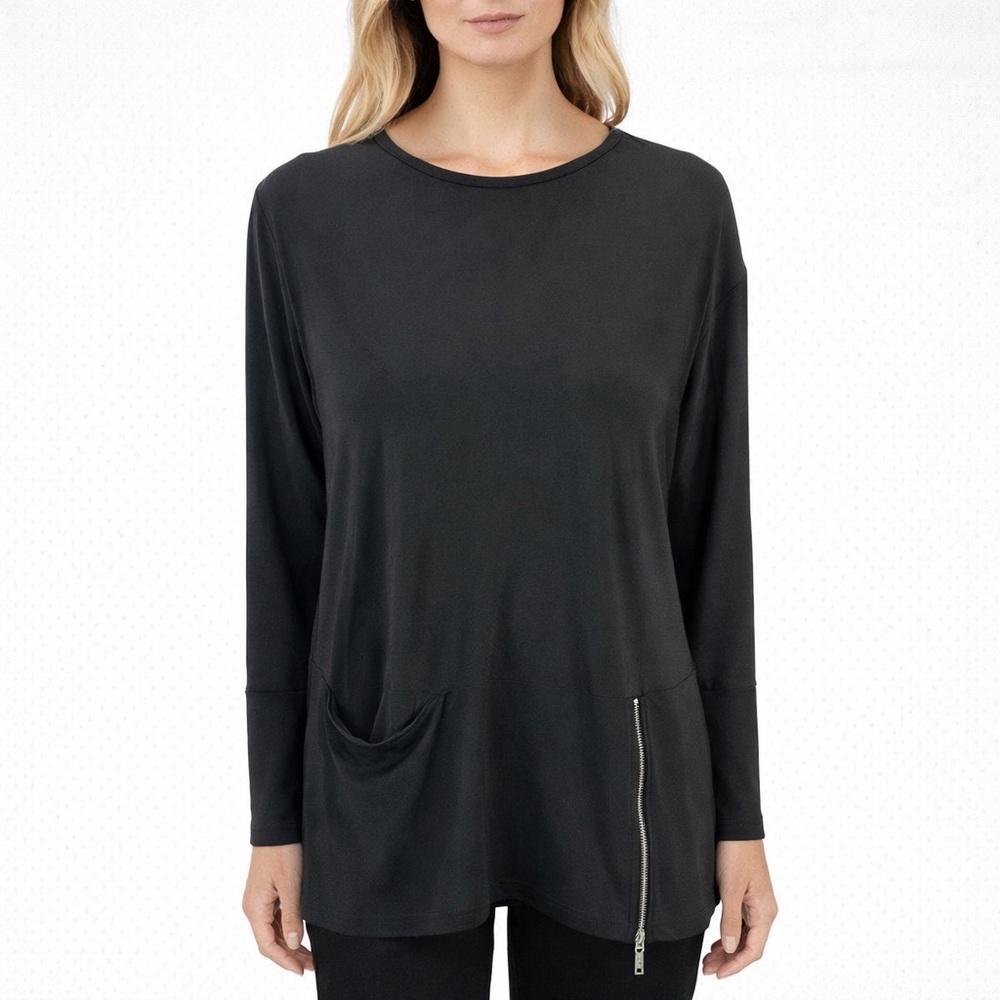 Sympli Black Jersey Slinky Knit Tunic Top Zipper Accent Pocket Lagenlook Size 10